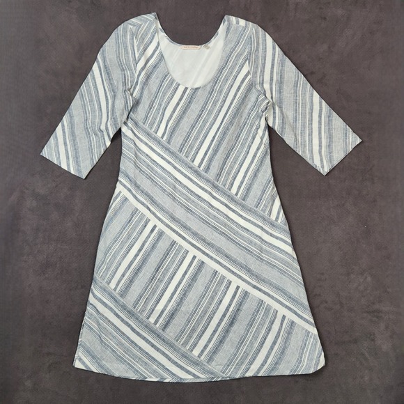 Soft Surroundings Dress Women PS Blue Stripe Sonya Linen Blend Casual 3/4 Sleeve - Picture 1 of 12